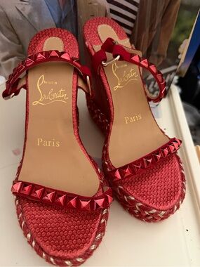 Red Studded Espadrille Wedge Sandals
